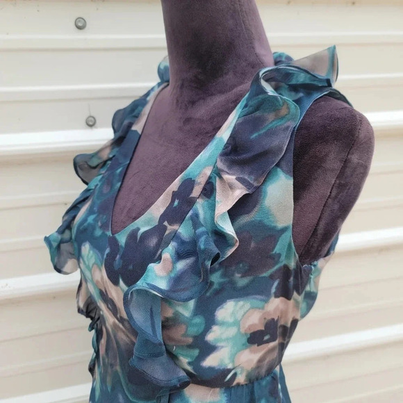 Ann Taylor LOFT Gray Turquoise Blue Watercolor Sheath Ruffle Dress V-Neck Sz 6 - Picture 5 of 12